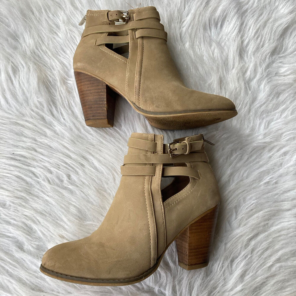CALL IT SPRING Heels Sz 8.5M Beige Booties Strappy Ankle Back Zip Block Womens